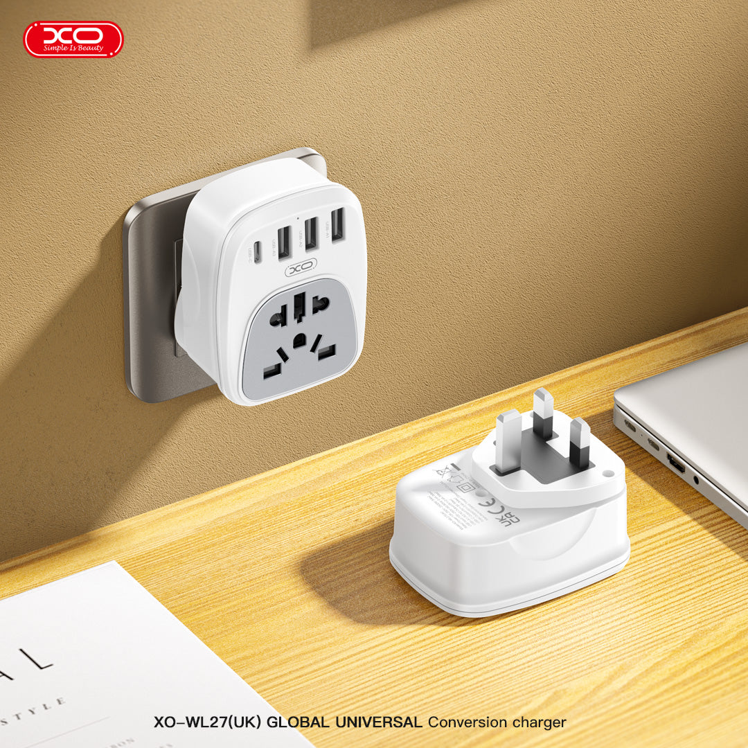 XO WL27 Αντάπτορας Πρίζας UK σε Universal με 1 USB-C & 3 USB-A Θύρες Φόρτισης