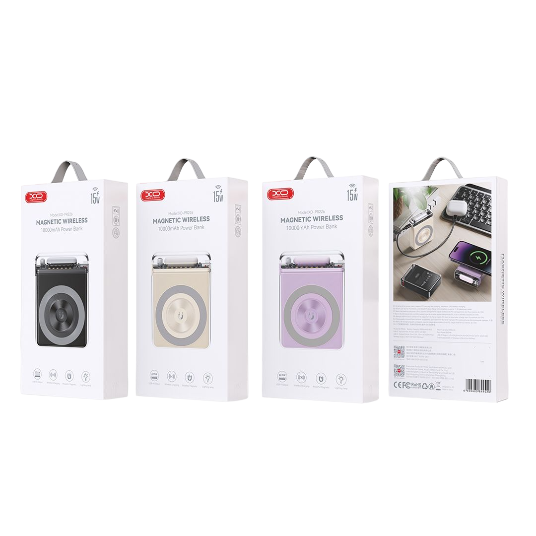 XO PR226 Mini Μαγνητικό Power Bank Γρήγορης Φόρτισης με Διαφάνεια και Φωτεινή Ένδειξη 10000mAh (Μαύρο)