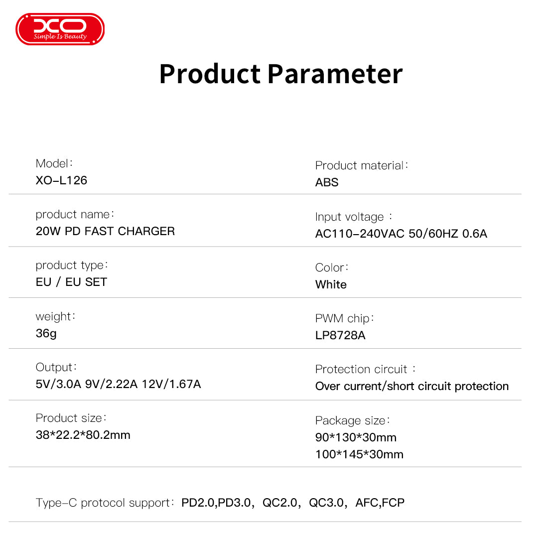 XO L126 USB-C Fast Charging Charger PD20W