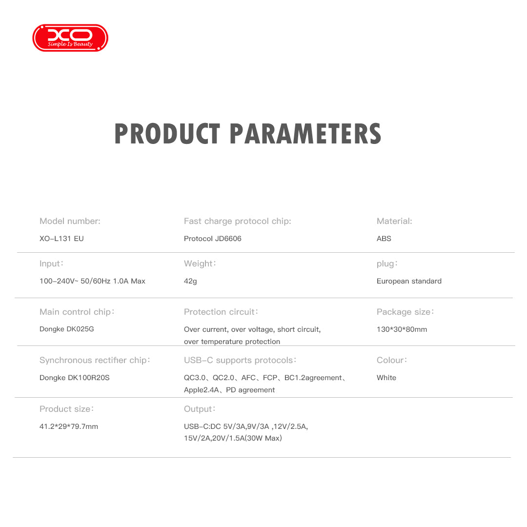 XO L131 (EU) Φορτιστής Ταχείας Φόρτισης PD30W USB-C