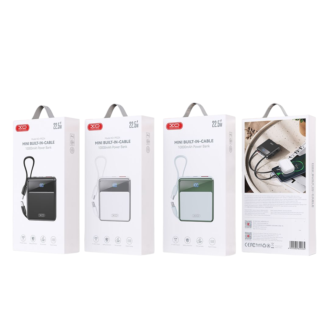 XO PR224 mini Power Bank Γρήγορης Φόρτισης με Ψηφιακή Οθόνη 10000mAh (Λευκό)