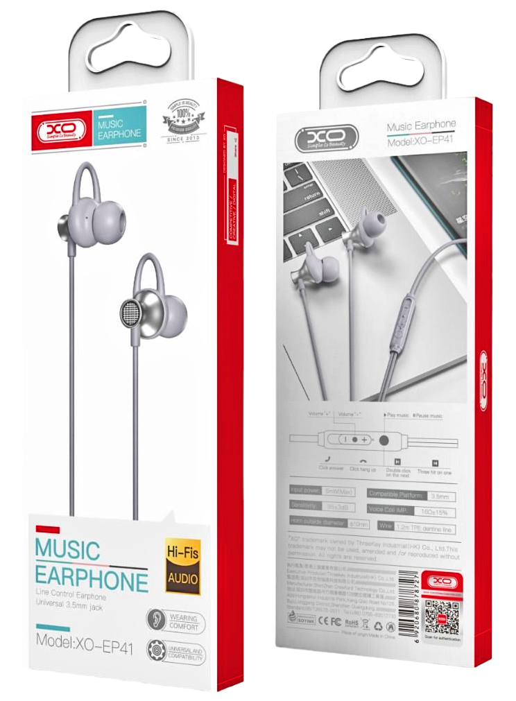 XO EP41 Ακουστικά Handsfree 3.5mm In-ear 1.2m Γκρι