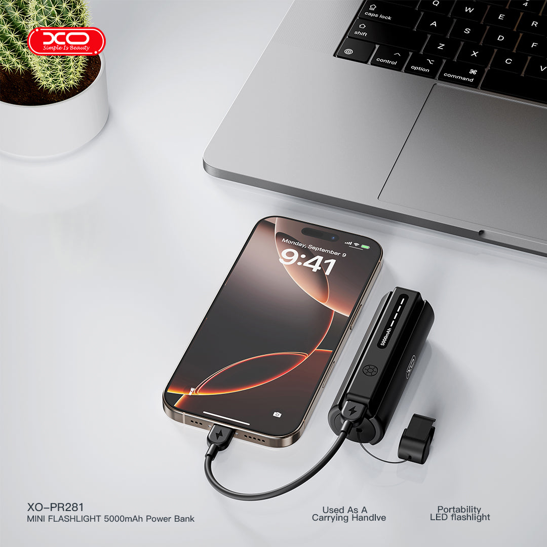 XO PR281 Mini Powerbank 5000mAh με Ενσωματωμένο Φακό και Καλώδιο Φόρτισης Type-C