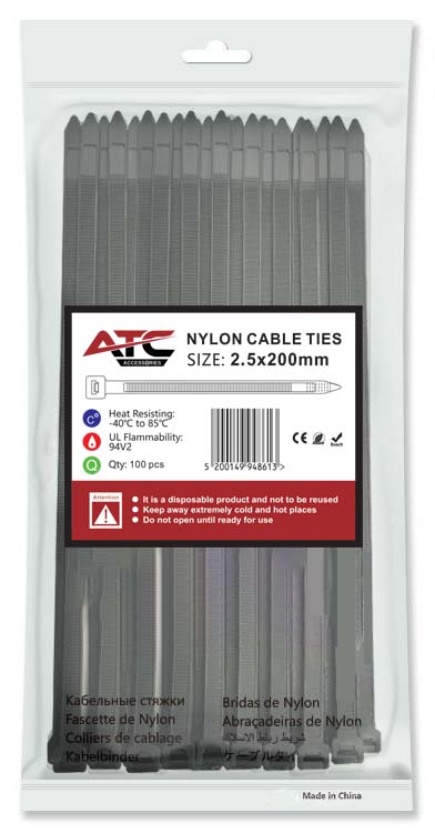 ATC Δεματικά 2.5x200mm Νάιλον Μαύρα 100τμχ Σακουλάκι