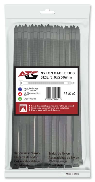 ATC Δεματικά 3.6x250mm Νάιλον Μαύρα 100τμχ Σακουλάκι