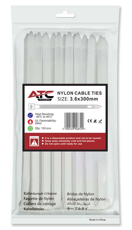 ATC Δεματικά 3.6x300mm Νάιλον Λευκά 100τμχ Σακουλάκι