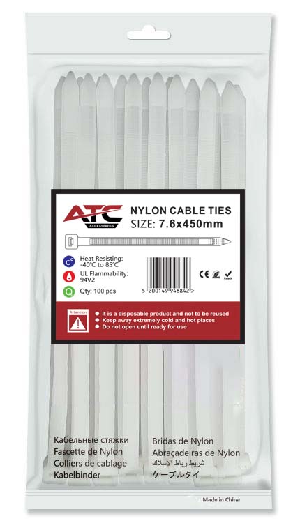 ATC Δεματικά 7.6x450mm Νάιλον Λευκά 100τμχ Σακουλάκι