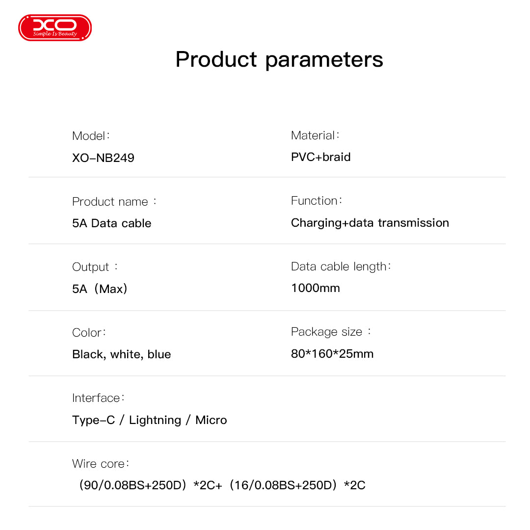 XO NB249 Καλώδιο Φόρτισης & Μεταφοράς Δεδομένων Micro 5A PVC Λευκό