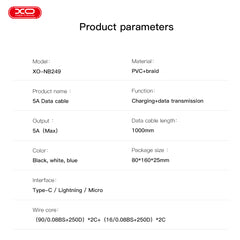 XO NB249 Καλώδιο Φόρτισης & Μεταφοράς Δεδομένων Micro 5A PVC Λευκό
