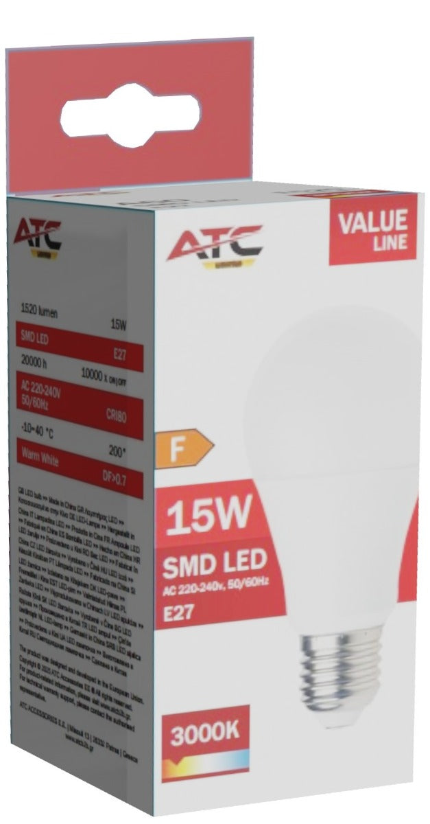 ATC SMD LED Λαμπτήρας A60 230V 15W/1520LM E27 3000K