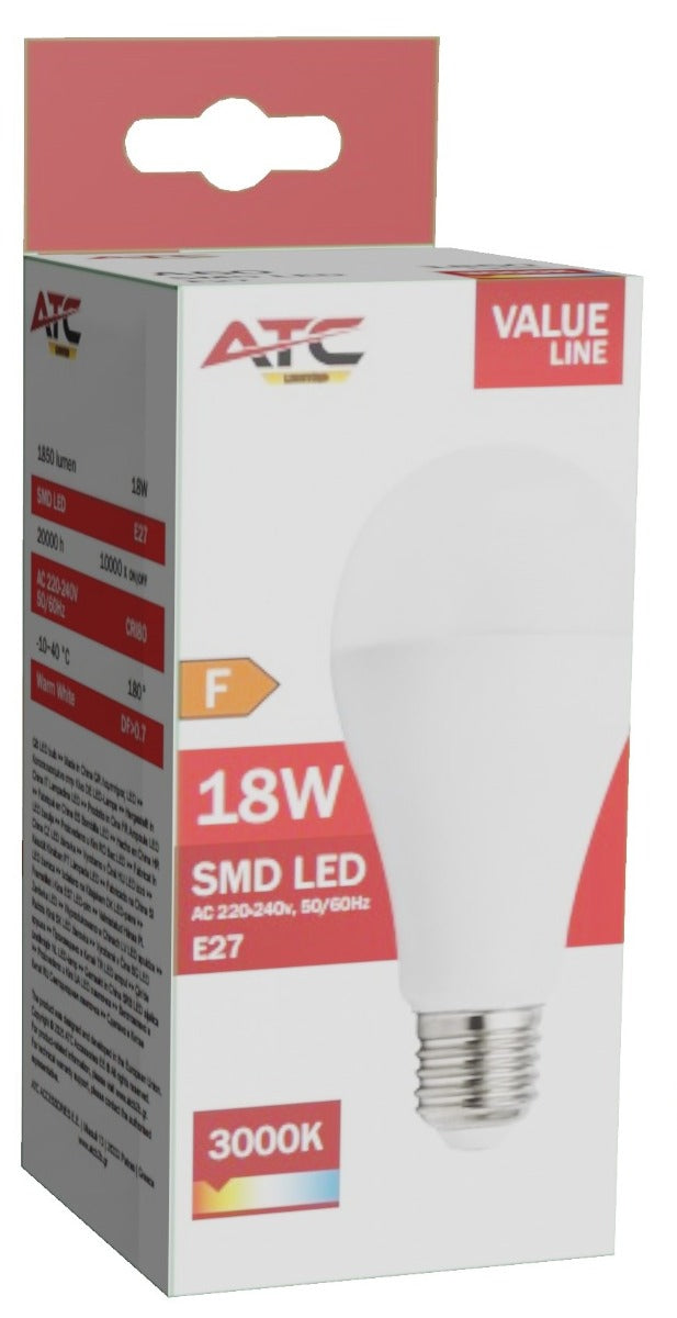 ATC SMD LED Λαμπτήρας A65 230V 18W/1850LM E27 3000K
