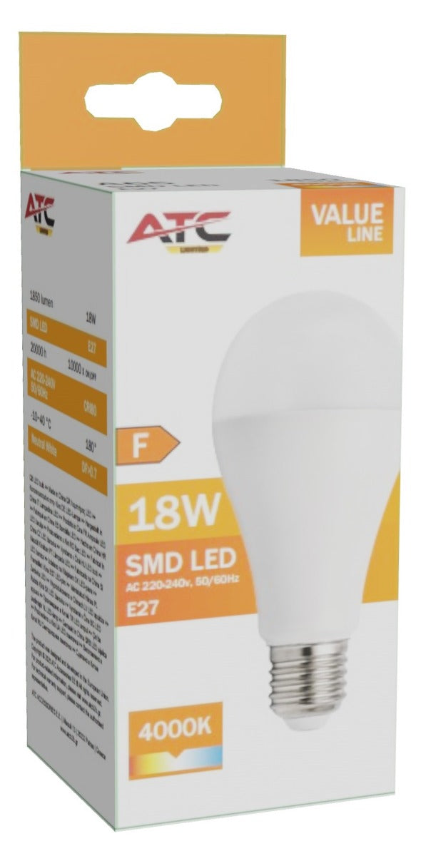 ATC SMD LED Λαμπτήρας A65 230V 18W/1850LM E27 4000K