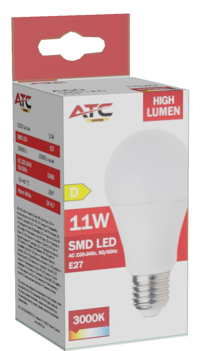 ATC SMD LED High Lumen Λαμπτήρας A60 230V 11W/1520LM E27 3000K