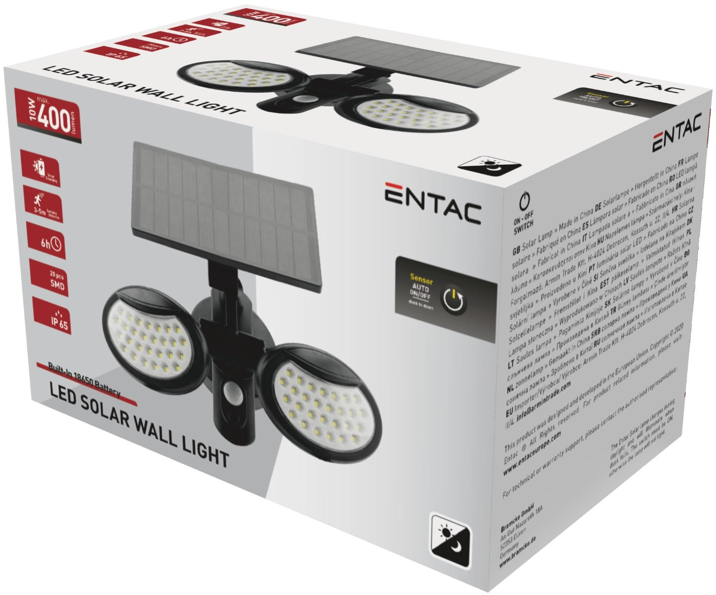 Entac Ηλιακό Φωτιστικό Τοίχου 10W SMD 2 Κεφαλές με Ανιχνευτή Κίνησης