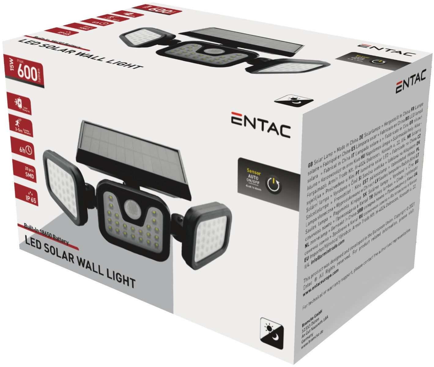 Entac Ηλιακό Φωτιστικό Τοίχου 15W SMD 3 Κεφαλές με Ανιχνευτή Κίνησης