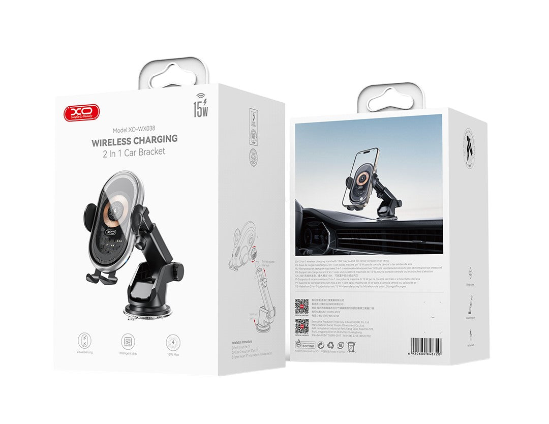 XO WX038 Διαφανής Βάση Ασύρματης Φόρτισης Αυτοκινήτου 2 σε 1 - Αεραγωγού & με Βεντούζα 15W