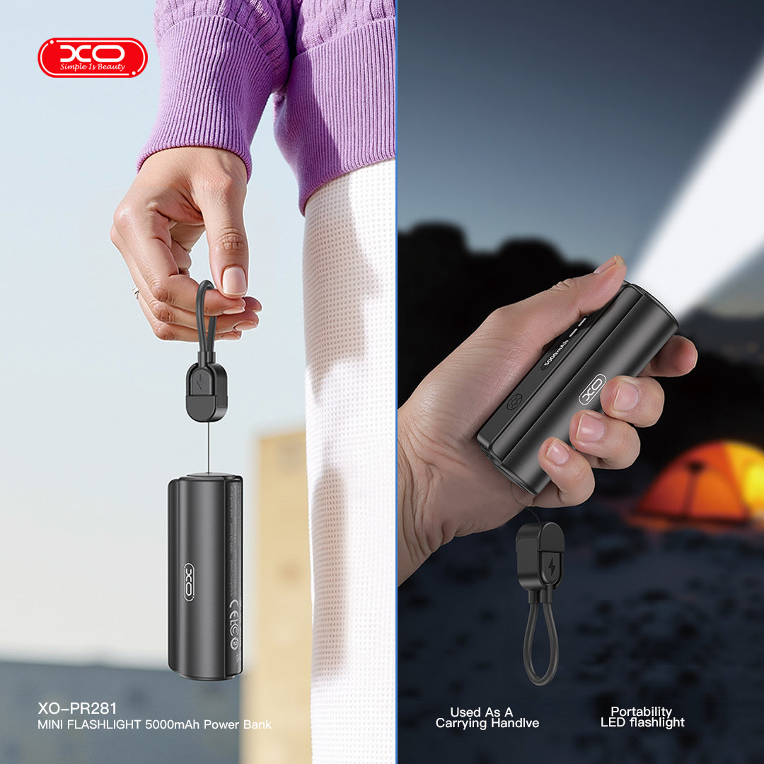 XO PR281 Mini Powerbank 5000mAh με Ενσωματωμένο Φακό και Καλώδιο Φόρτισης Type-C