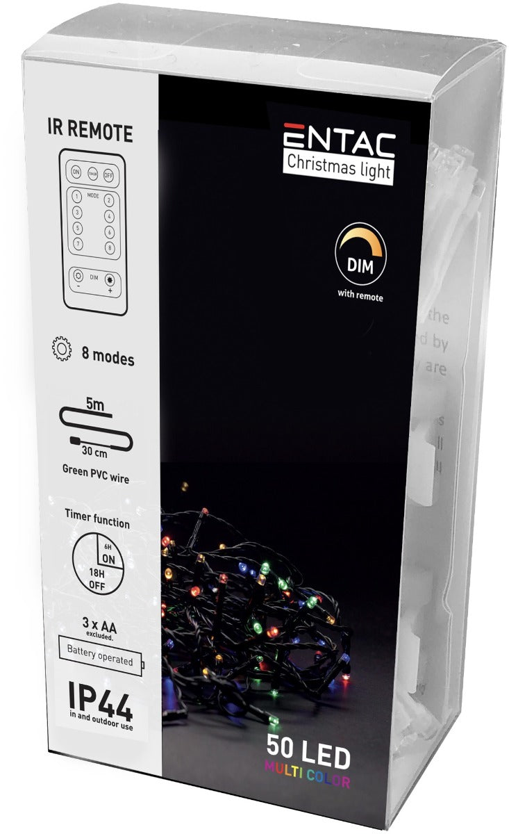 Entac Χριστουγεννιάτικα Λαμπάκια IP44 50 LED Πολύχρωμα 5m με Τηλεχειριστήριο (2xAA Δεν περιλαμβ.)