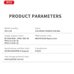 XO L150 (EU) 30W Μονός Γρήγορος Φορτιστής USB-C Μπλε