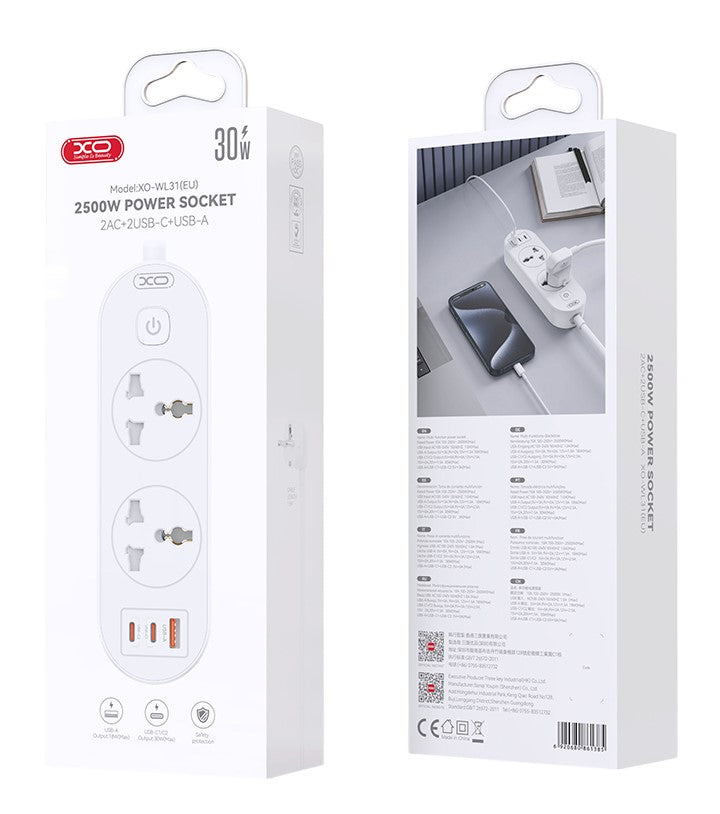 XO WL31 Πολύπριζο (EU) 30W 2AC + 1USB-A + 2USB-C με Διακόπτη