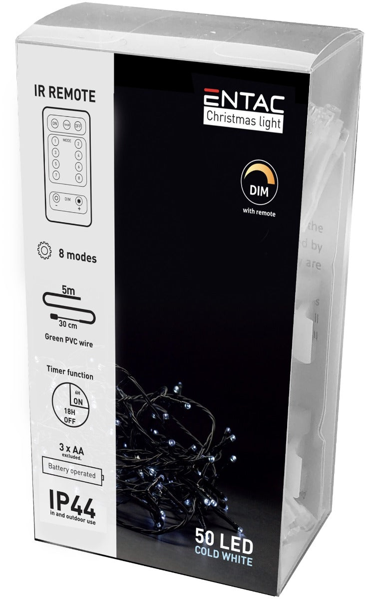 Entac Christmas Lights IP44 50 LED Cold 5m with Remote Control (3xAA Not Included)