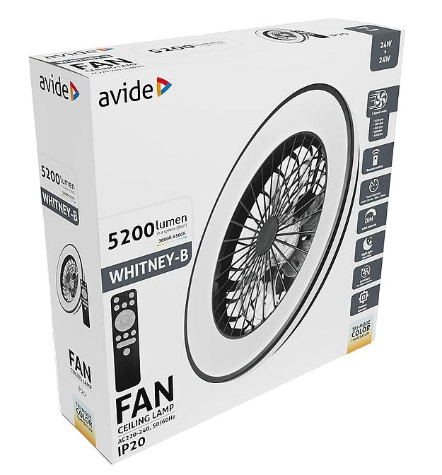 Avide Whitney Φωτιστικό - Ανεμιστήρας 2x24W+15W κινητήρας με IR τηλεχειριστήριο Μαύρο