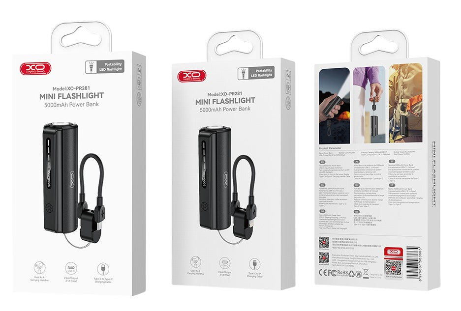 XO PR281 Mini Powerbank 5000mAh με Ενσωματωμένο Φακό και Καλώδιο Φόρτισης Type-C