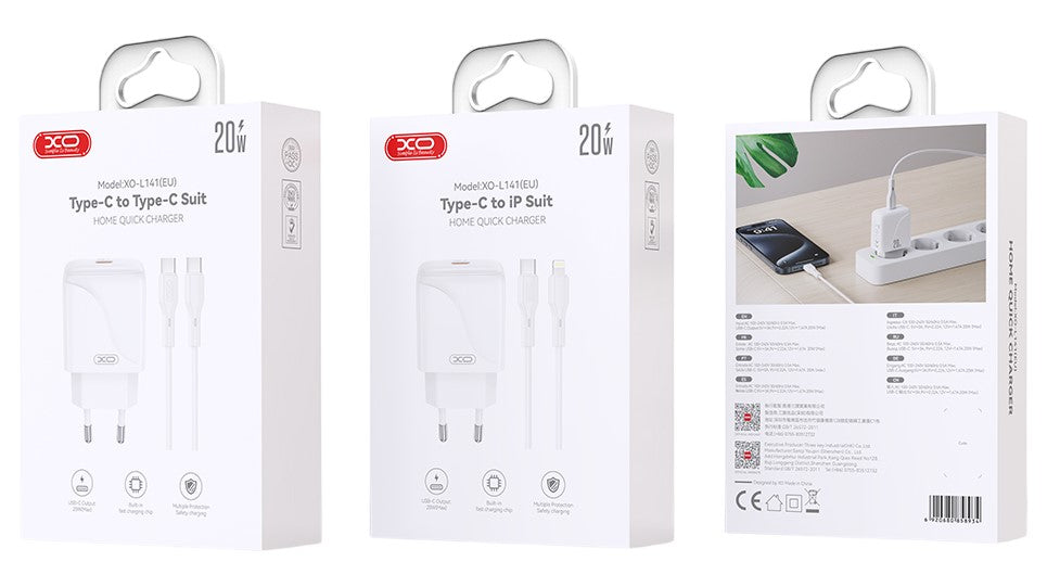 XO L141 Φορτιστής Ταχείας Φόρτισης USB-C 20W με Καλώδιο Lightning