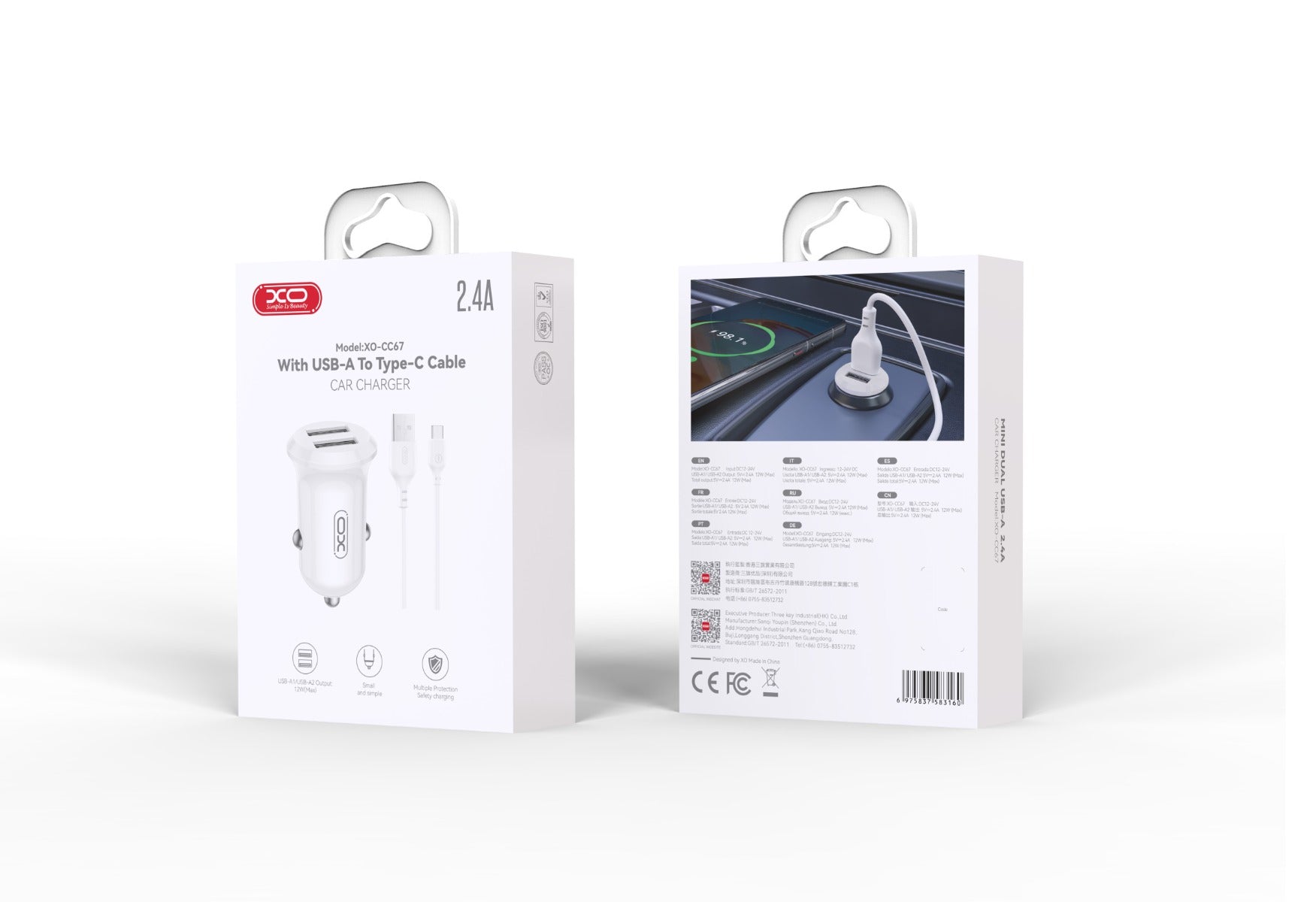 XO CC67 Mini Smart Φορτιστής Αυτοκινήτου με 2 Θύρες USB 2.4A και Καλώδιο Type-C (NB103)