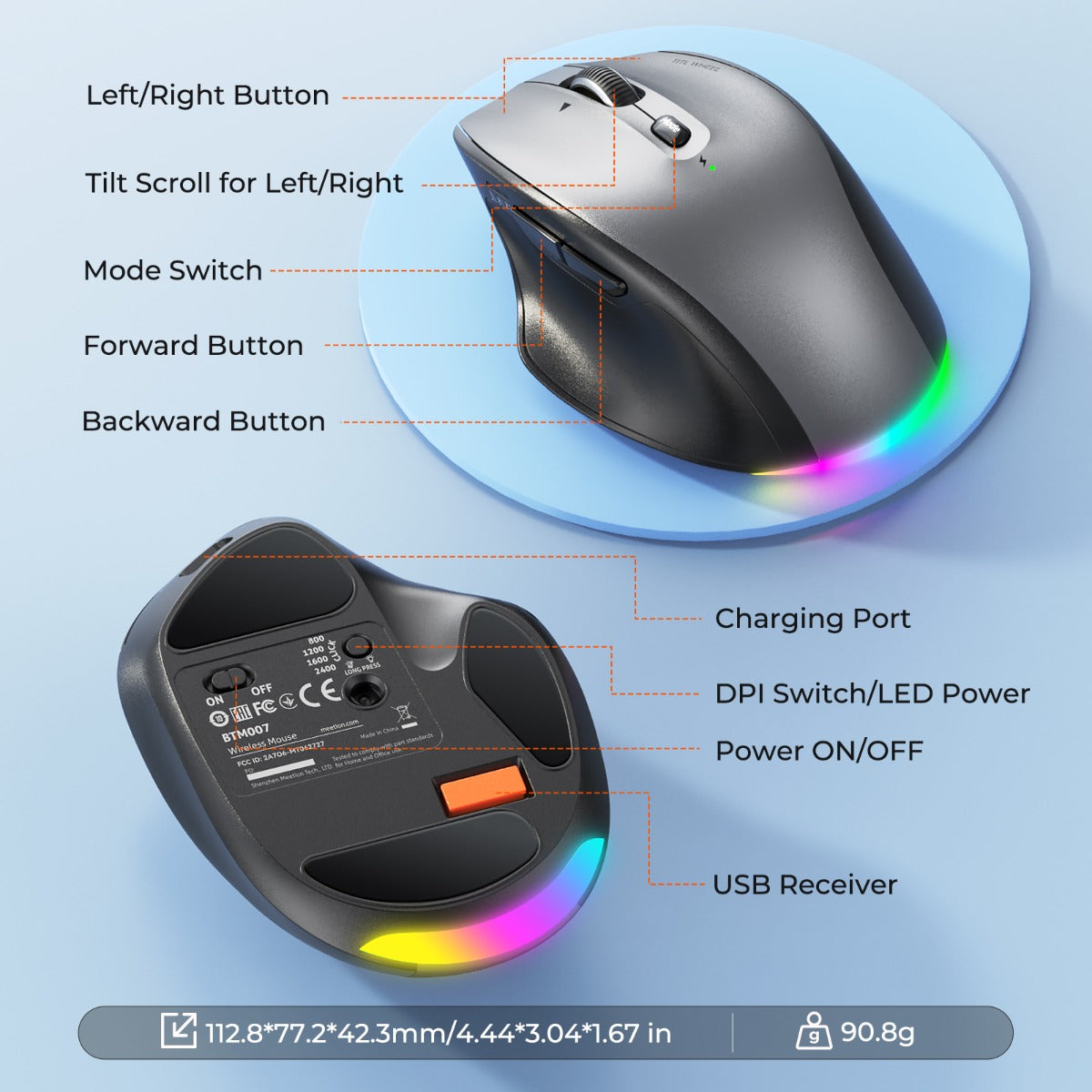 Meetion Ασύρματο Ποντίκι Office MT-BTM007 με Bluetooth & 2.4G Γκρι