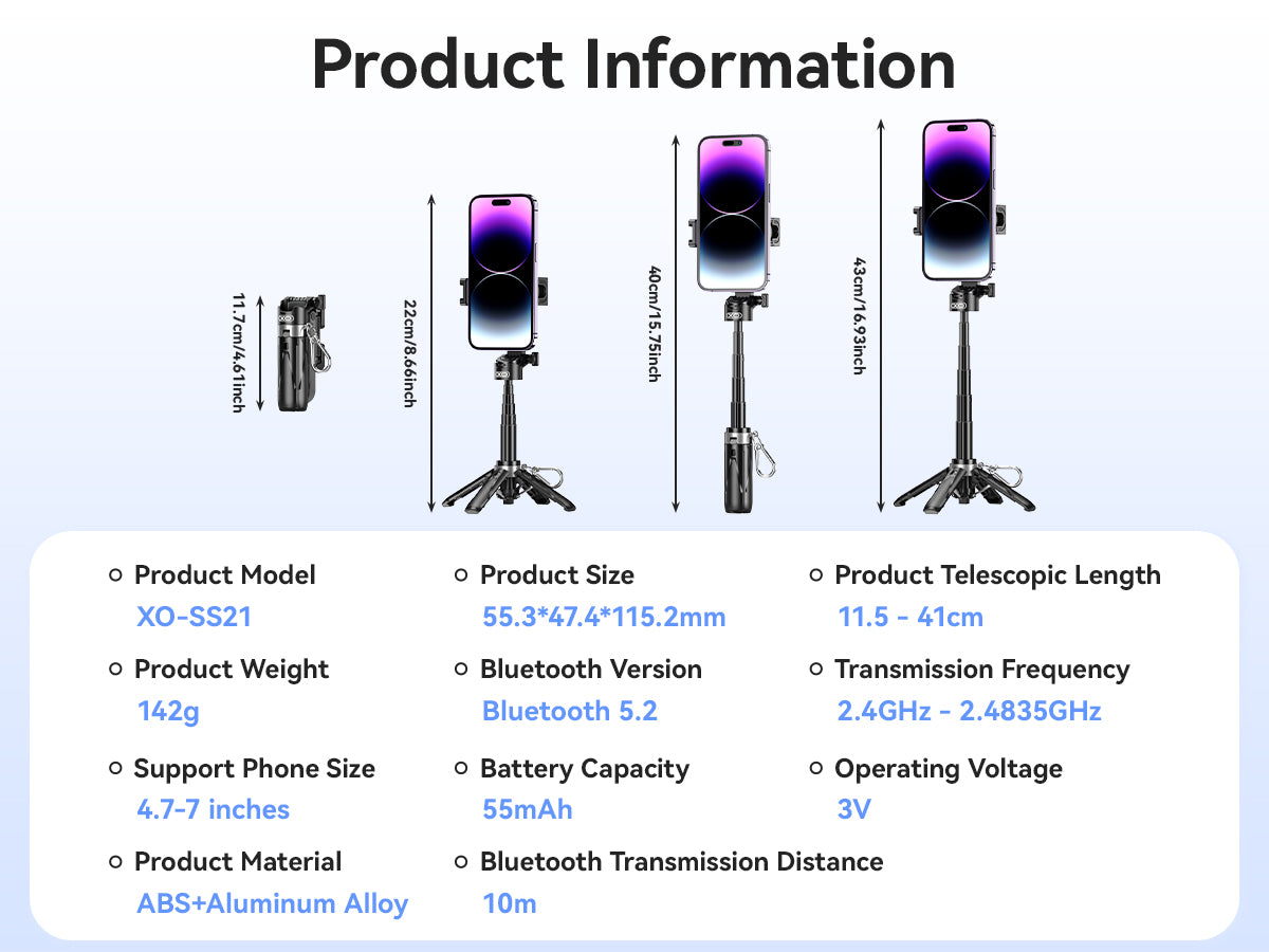 XO SS21 Πολυλειτουργικό Selfie Stick Bluetooth 3 σε 1
