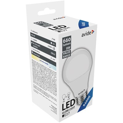 Avide Value LED Bulb Spherical E27 8W CW 6400K