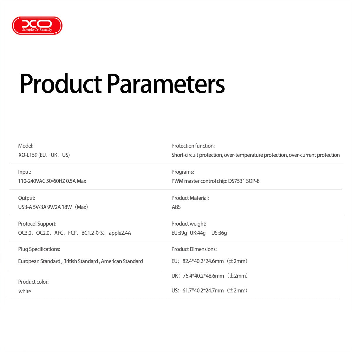 XO L159 Φορτιστής Ταχείας Φόρτισης EU QC18W με USB-A
