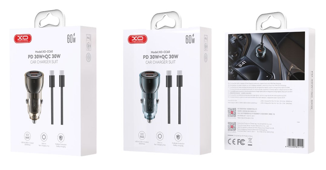 XO CC60 Smart Διαφανής Φορτιστής Αυτοκινήτου A30+C30 60W & Type-C Καφέ