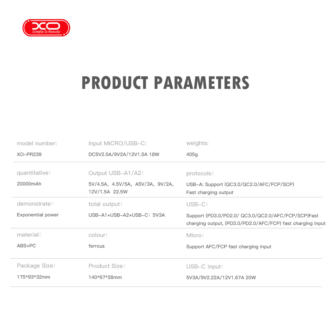 XO PR239 Power Bank Γρήγορης Φόρτισης με Οθόνη USB-C 20W/USB-A 22.5W 20000mAh