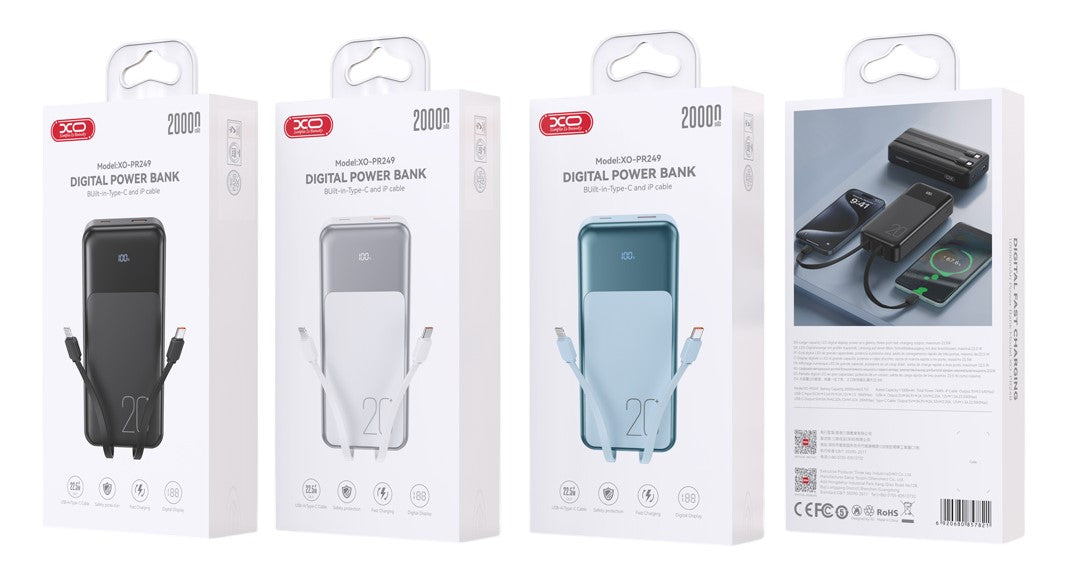 XO PR249 USB-C / USB-A Powerbank Γρήγορης Φόρτισης με Ψηφιακή Οθόνη Μαύρο