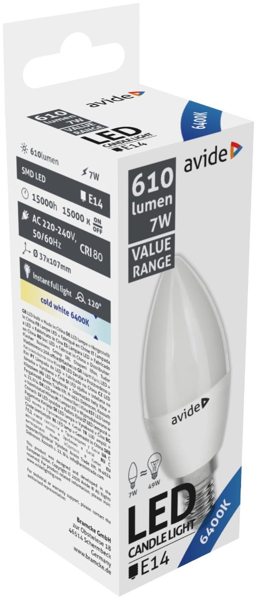 Avide Λάμπα LED Κερί 7W E14  Ψυχρό 6400K Value