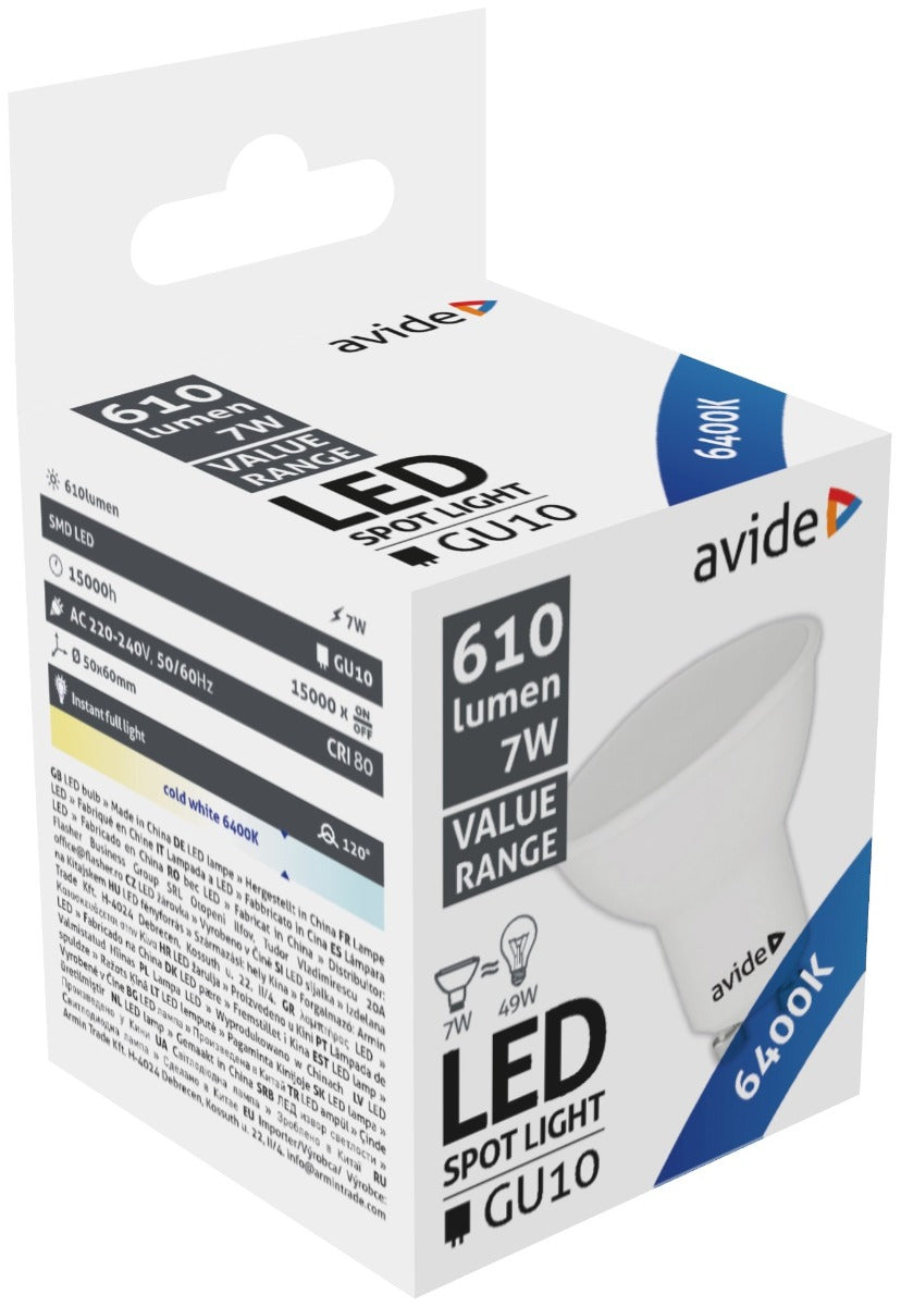 Avide Λάμπα LED Σποτ GU10 7W Ψυχρό 6400K Value