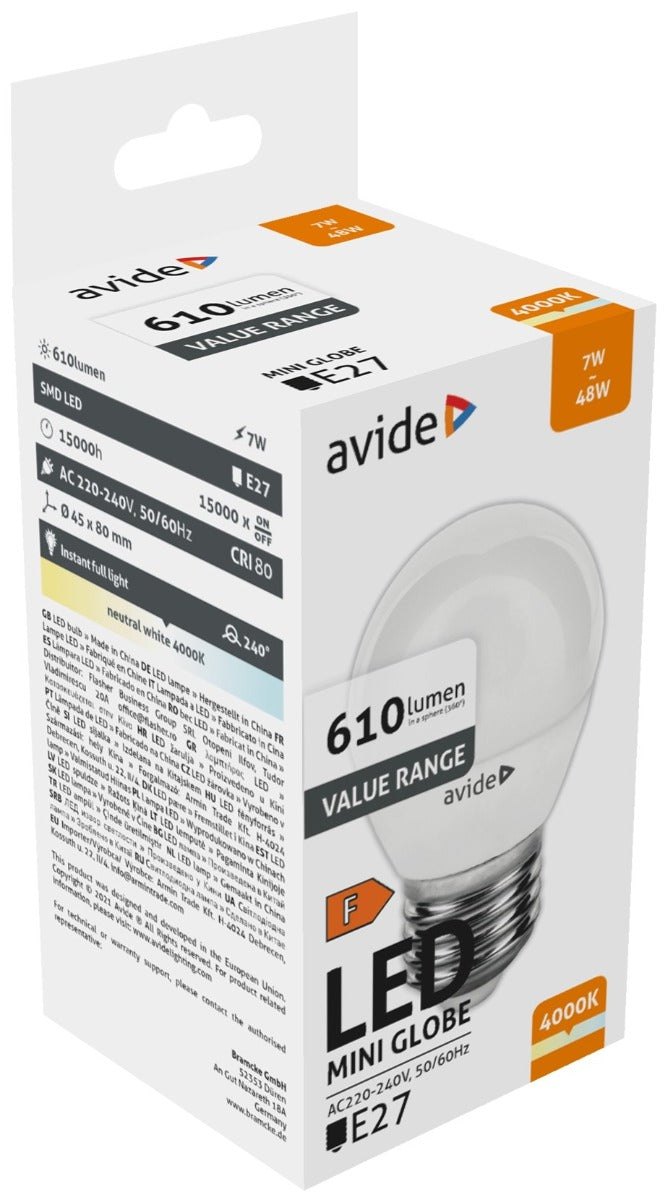 Avide LED Bulb Spherical 7W E27 White 4000K Value