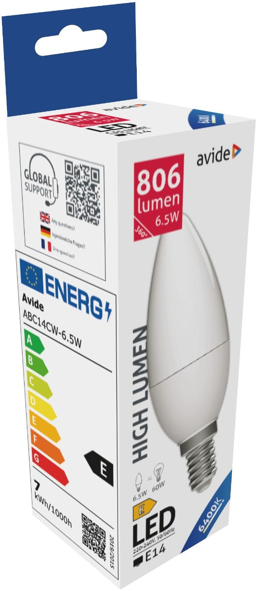 Avide Λάμπα LED Κερί 6.5W E14 Ψυχρό 6400K High Lumen