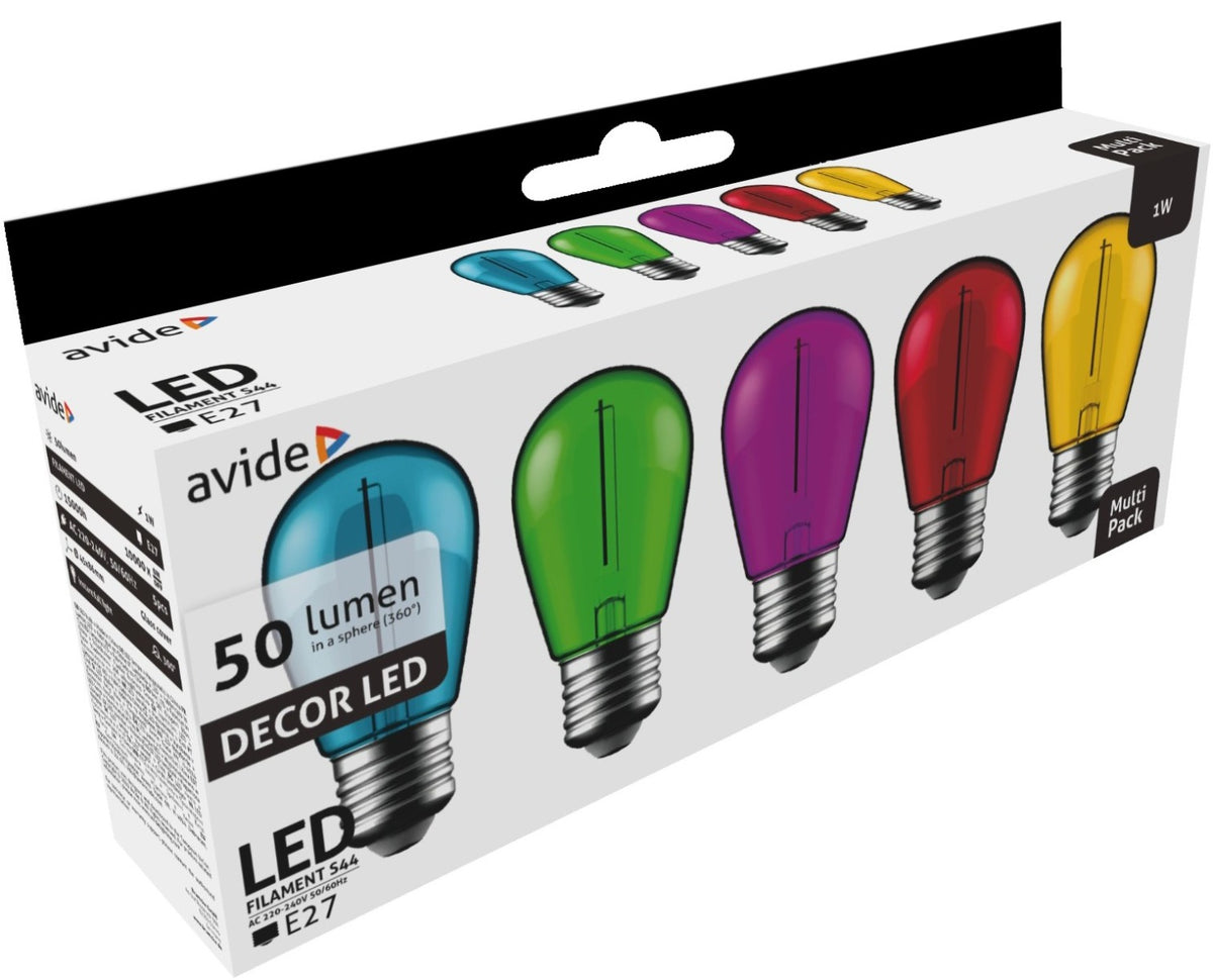 Avide LED Διακοσμητική Λάμπα Filament 1W  E27 5τμχ (Πράσινο/Μπλέ/Κίτρινο/Κόκκινο/Μώβ)