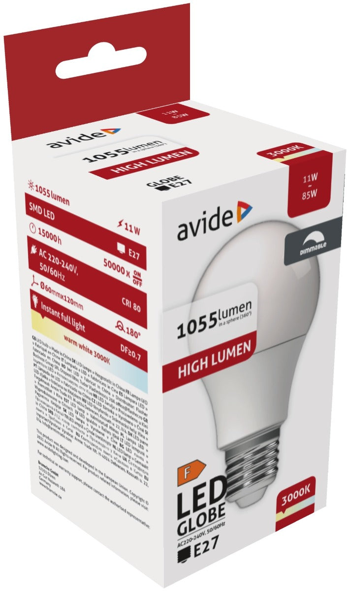 Avide Λάμπα LED Κοινή A60 11W E27 Θερμό 3000K Ντιμαριζόμενο