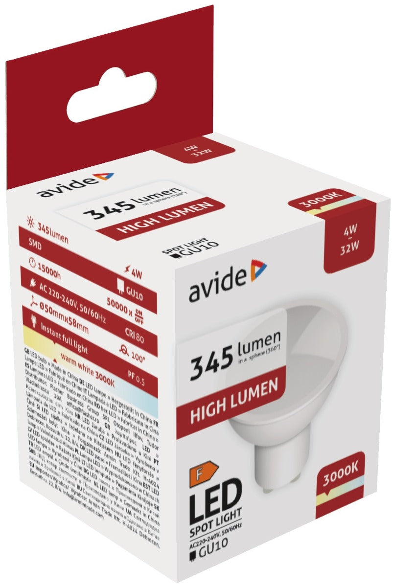 Avide LED Spot Lamp Aluminum + Plastic 4W GU10 WW 3000K