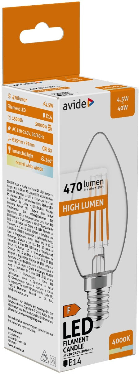 Avide LED Filament Candle Lamp 4.5W E14 NW 4000K