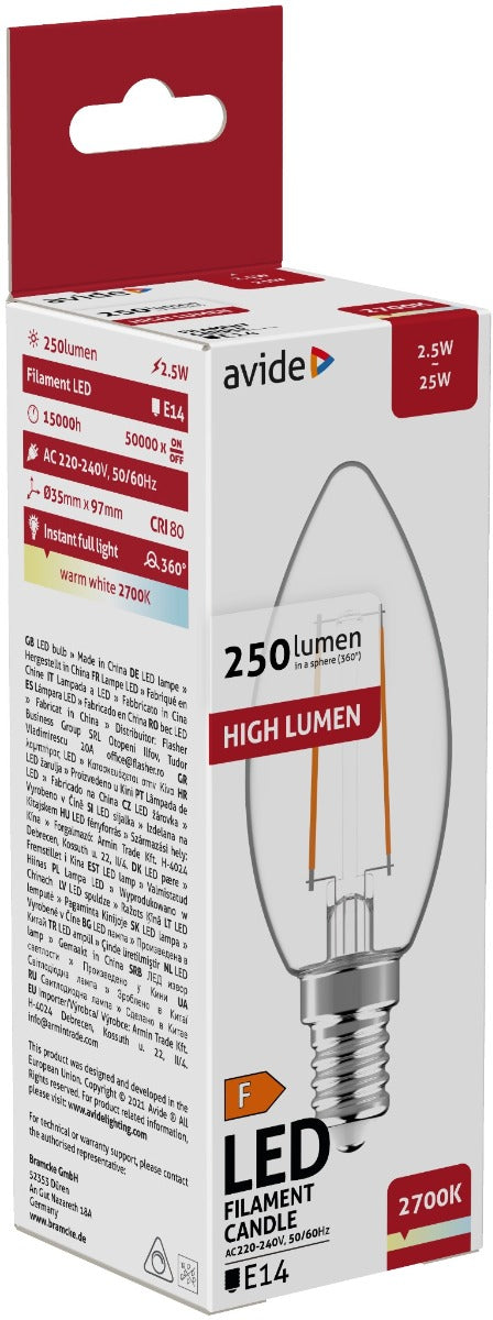 Avide LED Filament Candle Bulb 2.5W E14 360° Warm 2700K High Lumen