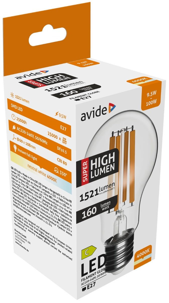 Avide LED Filament Bulb Spherical 9.5W E27 A60 NW 4000K Super High Lumen