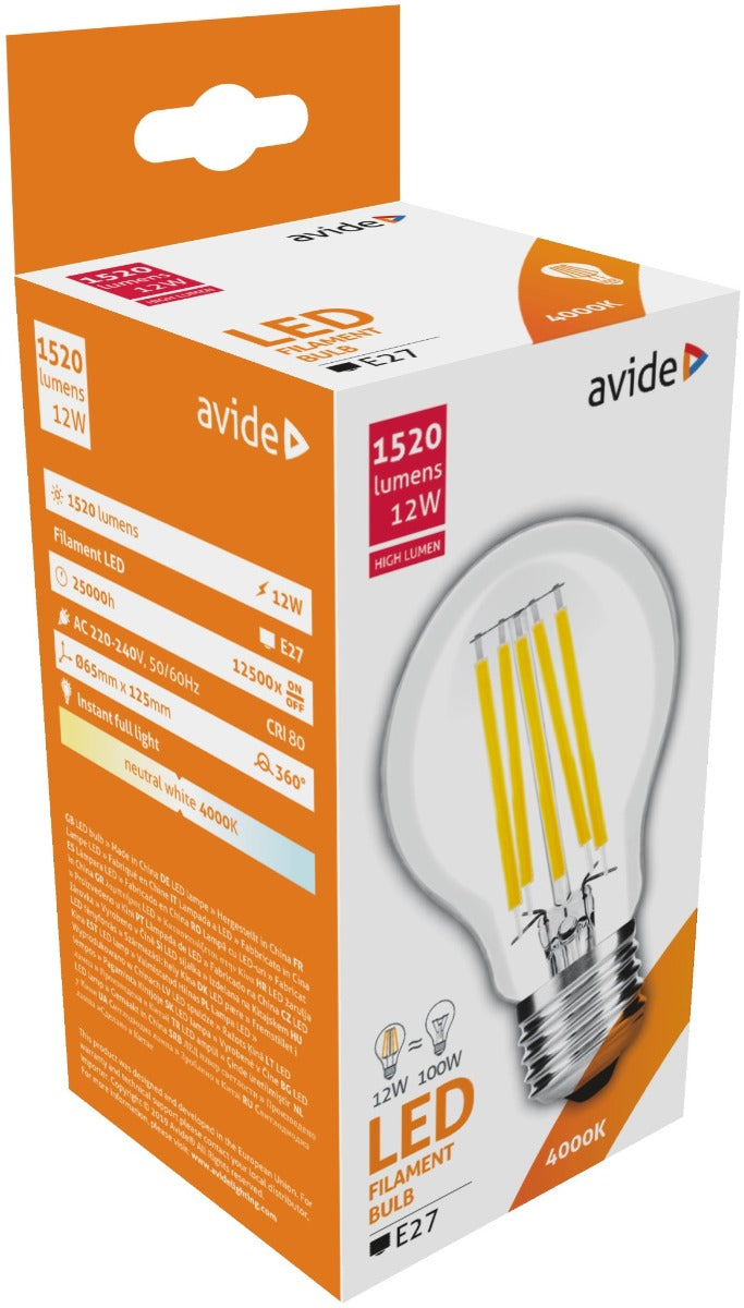 Avide Λάμπα LED Filament Κοινή 12W E27 A65 360° Λευκό 4000K High Lumen