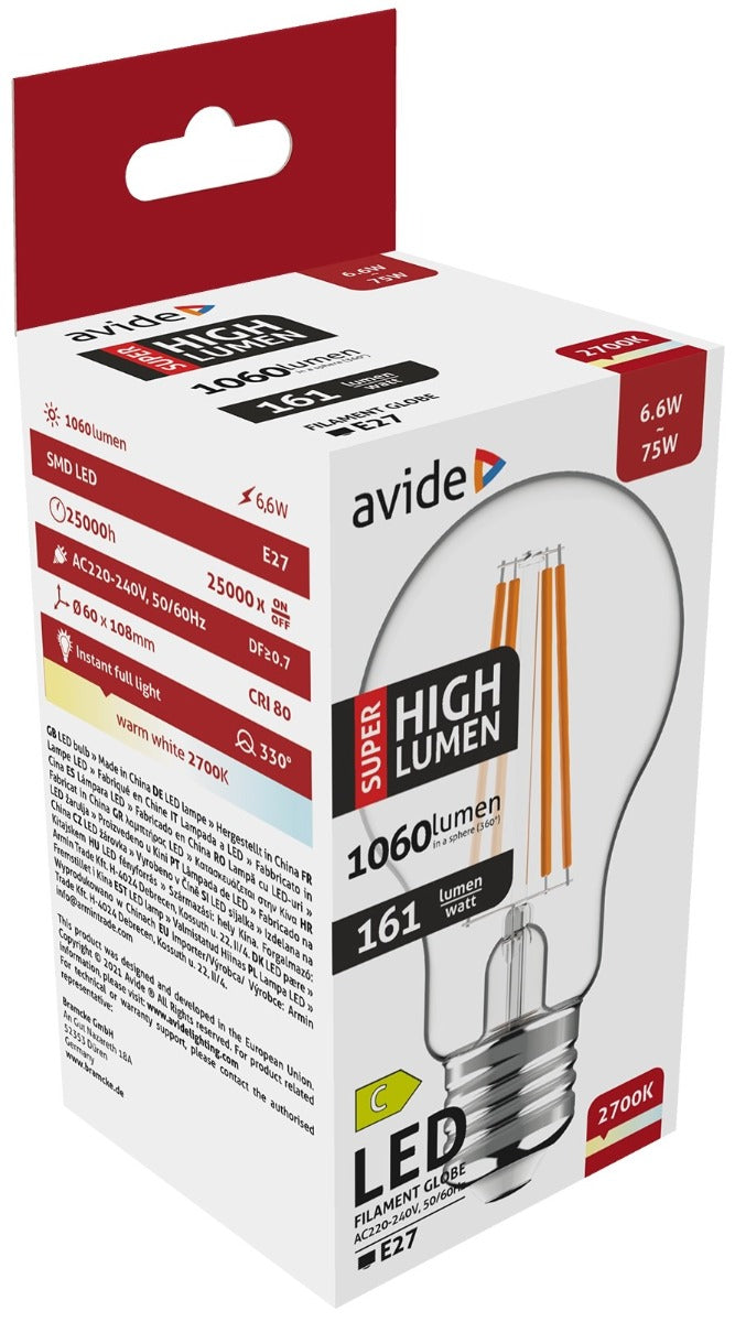 Avide LED Filament Globe Bulb 6.6W E27 A60 WW 2700K Super High Lumen
