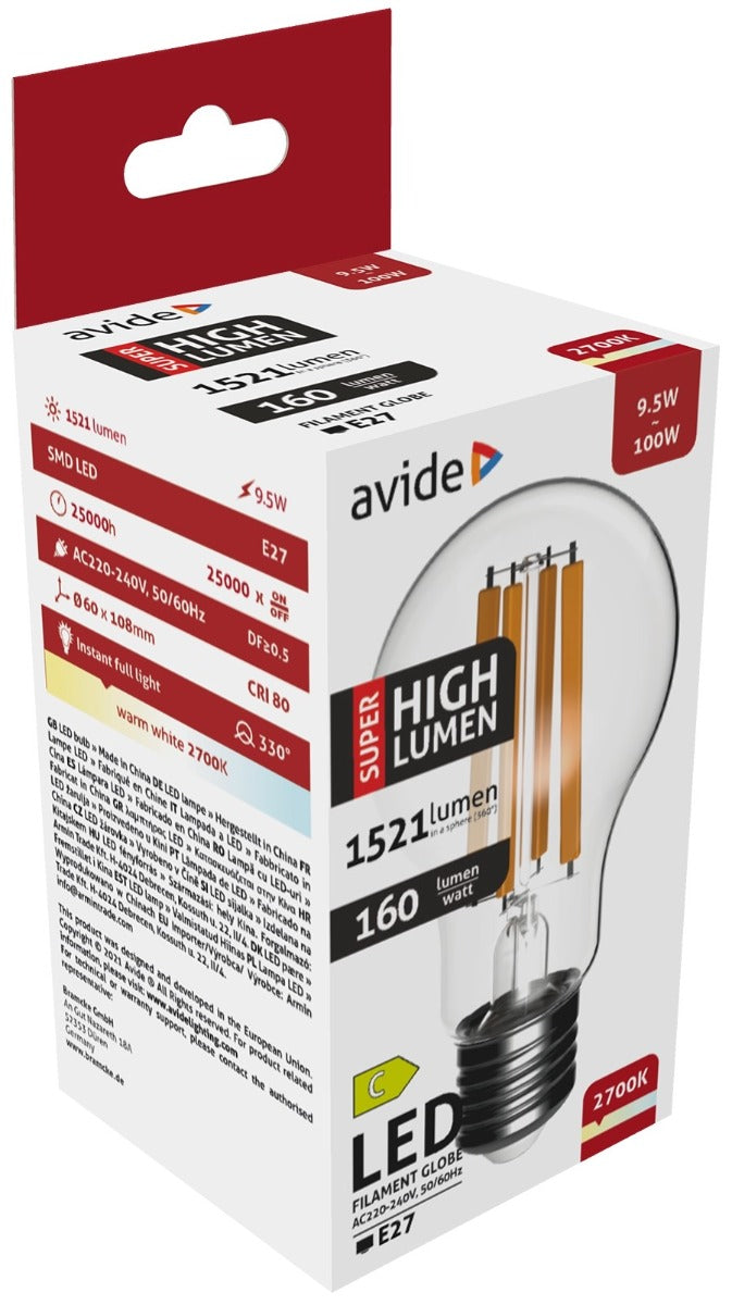 Avide LED Filament Bulb Spherical 9.5W E27 A60 WW 2700K Super High Lumen
