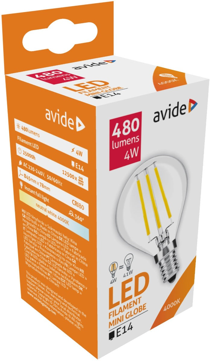 Avide LED Filament Bulb Spherical 4W E14 360° White 4000K